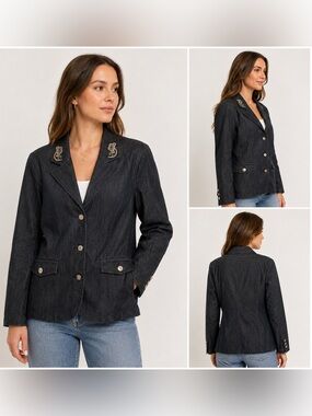 Simon Chang Embroidered Dark Denim Blazer Jacket Y2K Size 8 NWT